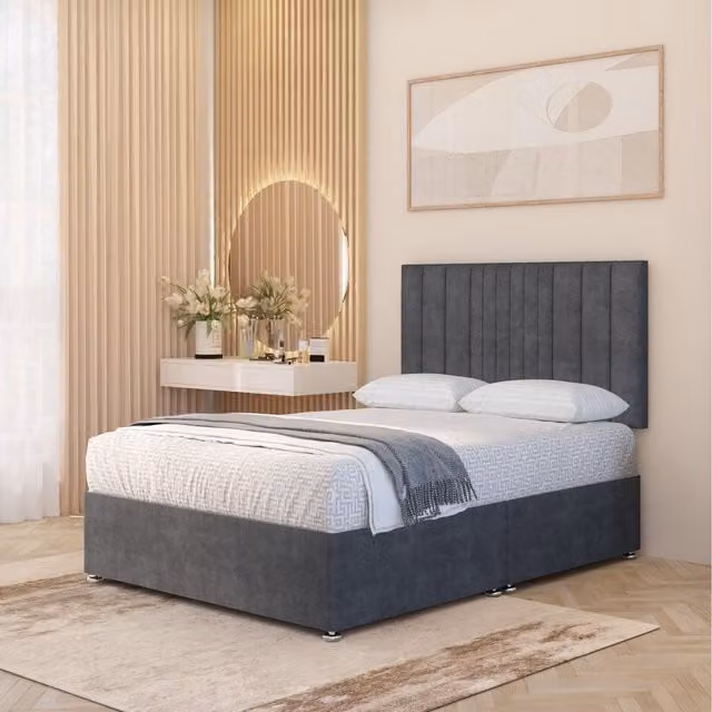 Somnior Beds Ltd Arizona Plush Velvet Orthopaedic Divan Bed Set with Hybrid Mattress and 32 inch Headboard, Grey, W/D/H: 200 x 200 cm