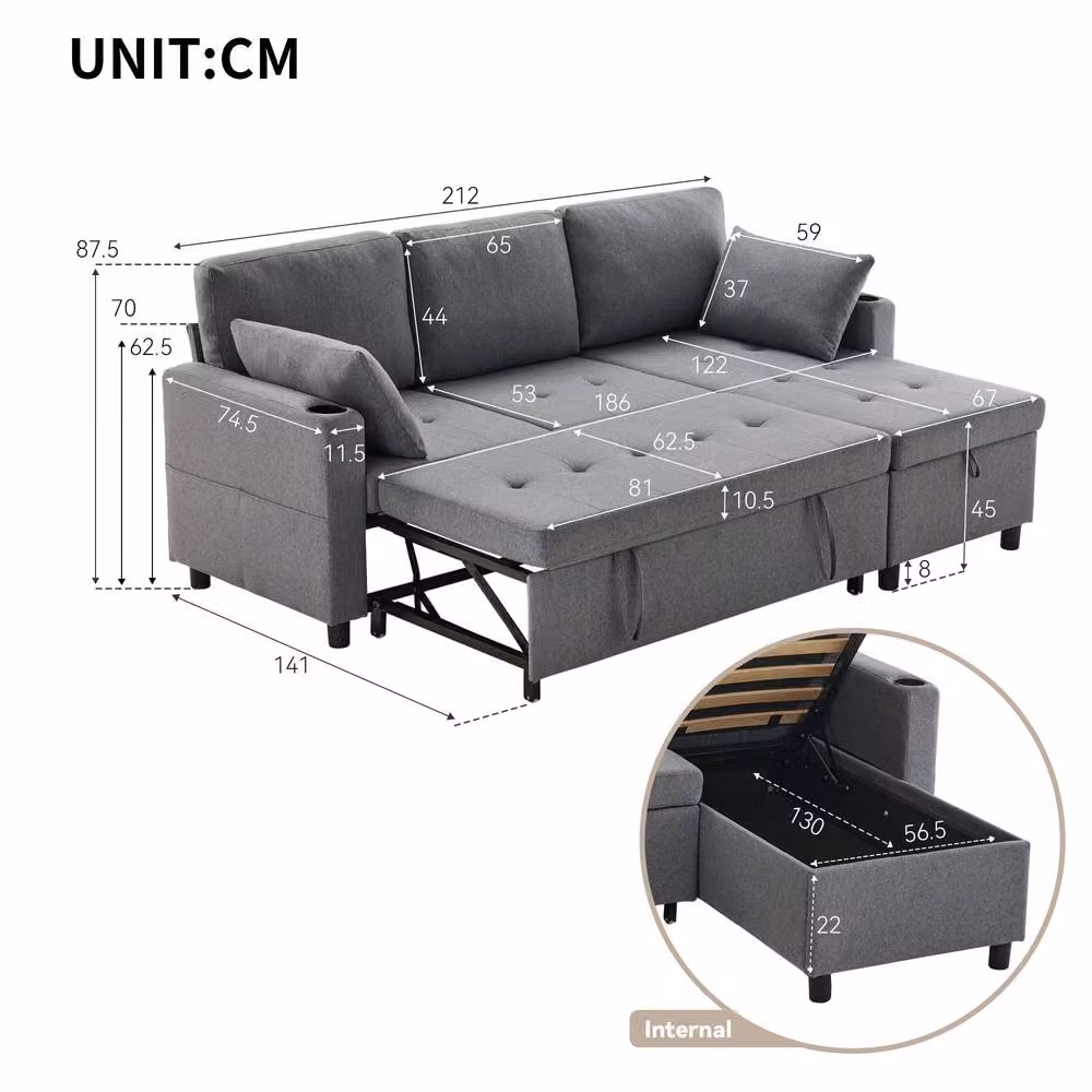Rolipo Grey L-Shaped 3 Seater Corner Sofa Bed with Storage and Pull Out Drawer – 2