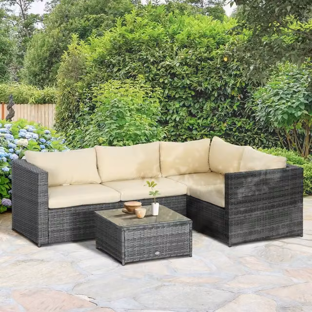 Outsunny Rattan Patio Corner Sofa Chair Set with Coffee Table in Beige