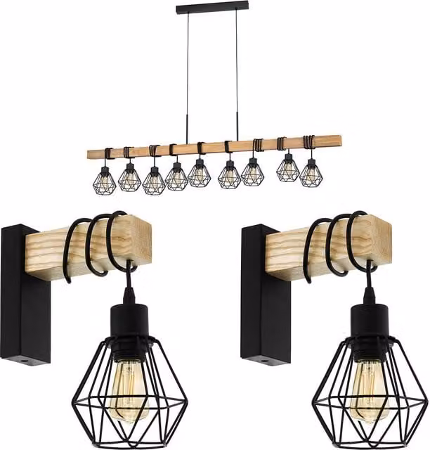 Loops 9 Bulb Ceiling Pendant and 2 Matching Wall Lights in Black and Wood
