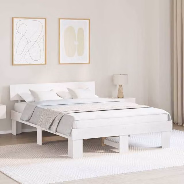 Berkfield Home Solid Pine Wood Bed Frame with Headboard in White, W/D/H: 140 x 200 cm