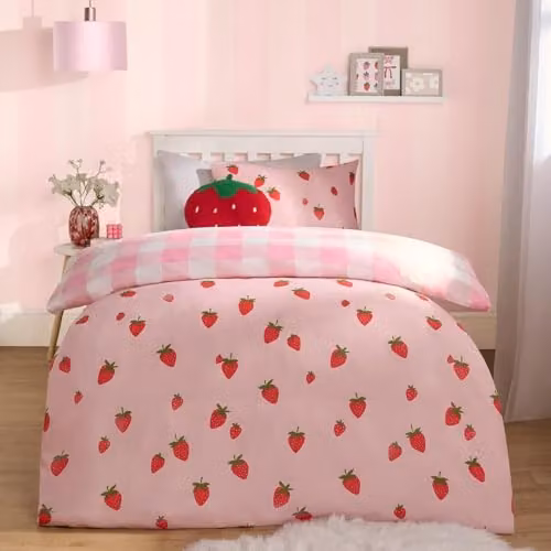 OHS Double Strawberry Print Duvet Cover and Pillowcase Set, Pink and White Gingham Check Microfibre Bedding for Children, Duvet Cover 200 x 200 cm, Pillowcases 50 x 70 cm