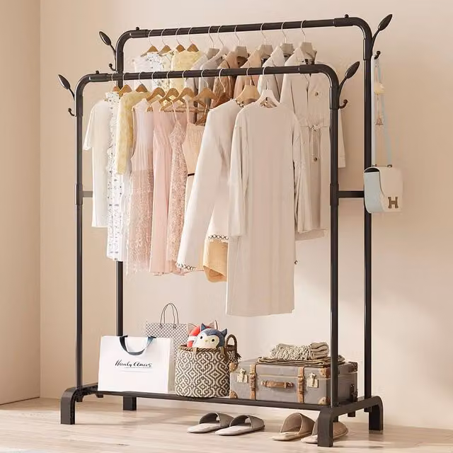 SPETLEK Double Garment Rack Freestanding Clothes Rail with Shoe Storage Shelf in Matt Black, H 145.0 x W 110.0 x D 20.0 cm