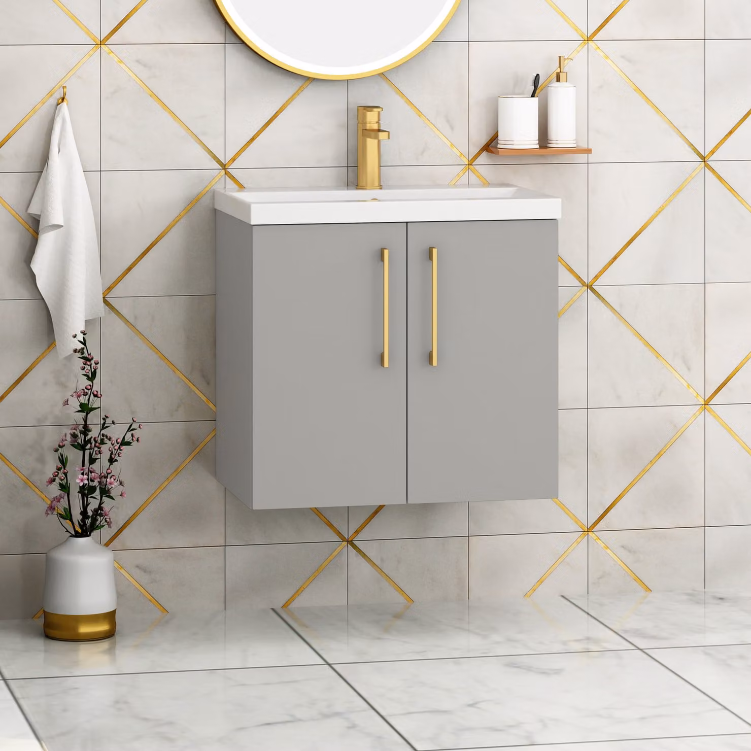 Royal Bathrooms Modena 800mm Wall Hung 2 Door Vanity Unit in Satin Grey with Mid-Edge Basin and Brushed Brass Handle