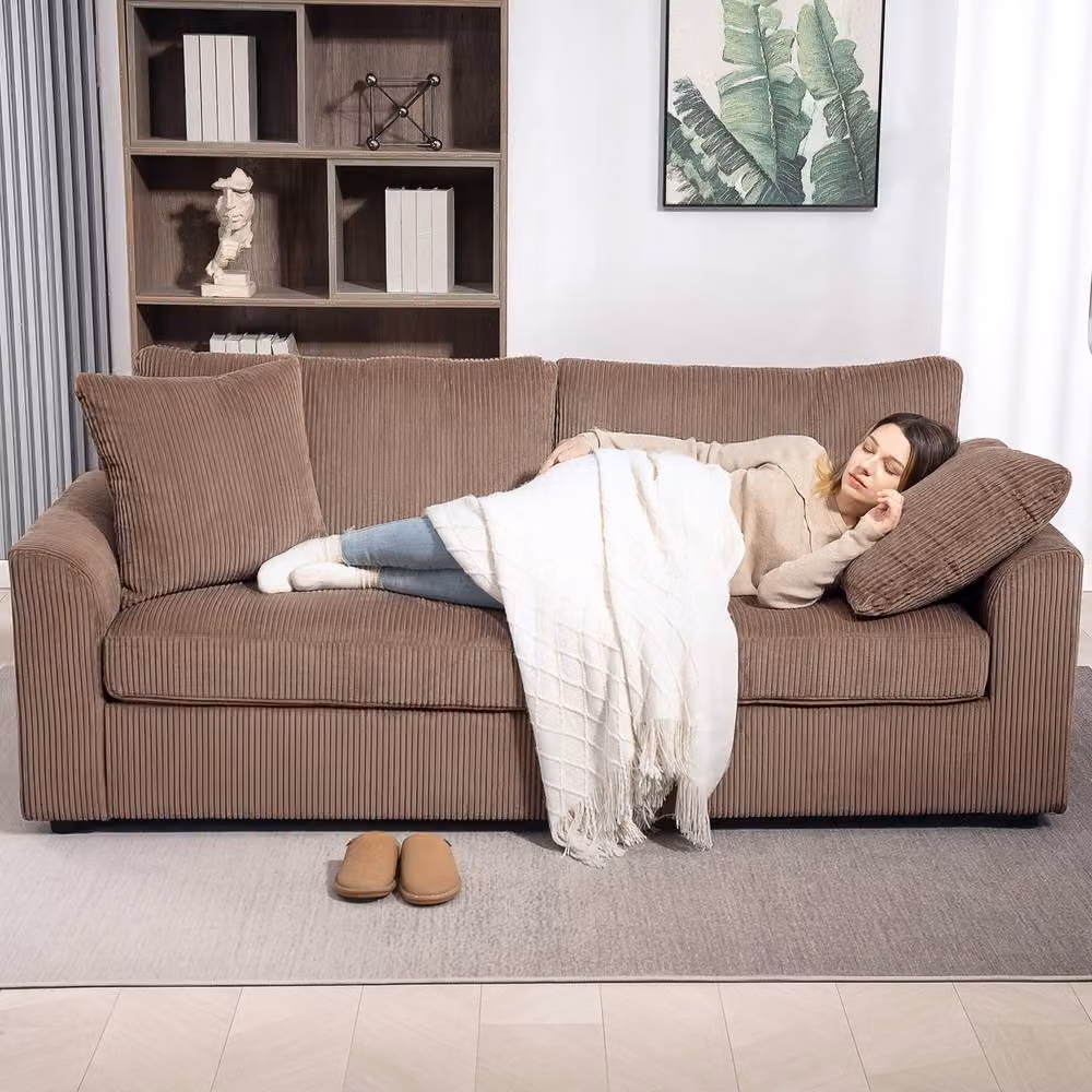 STILVORA 3 Seater Brown Corduroy Upholstered Sofa with Scatter Cushions, W: 212 cm, H: 88 cm, D: 80 cm – 6