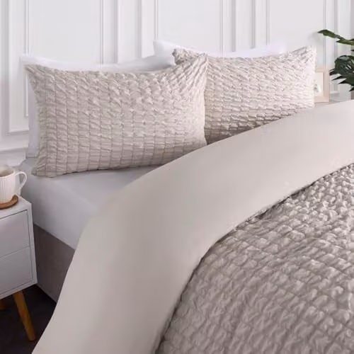 OHS Seersucker Double Duvet Cover Set with Matching Pillowcases in Sand/Beige, W/D/H: 200 x 200 x 50 x 75 cm