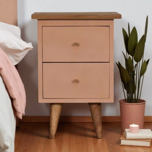 Artisan Furniture Mango Wood Hand Painted Bedside Table in Brown and Pink