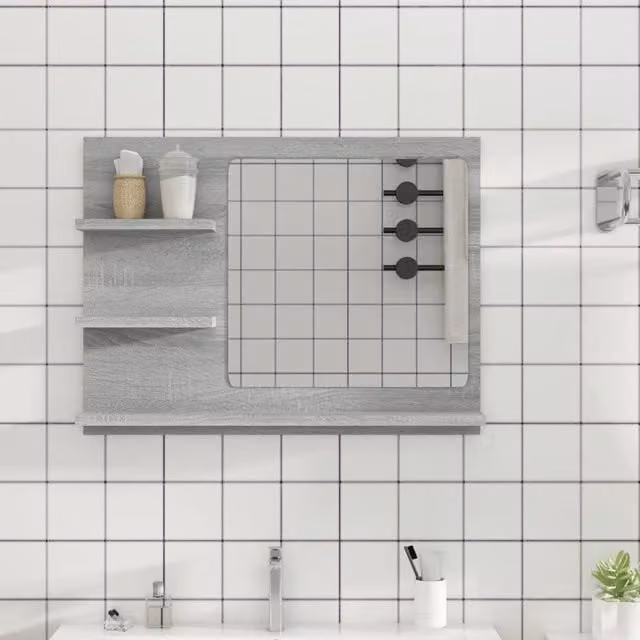 Berkfield Home Sonoma Grey Wall Mounted Bathroom Mirror, W: 60 cm, D: 10.5 cm, H: 45 cm