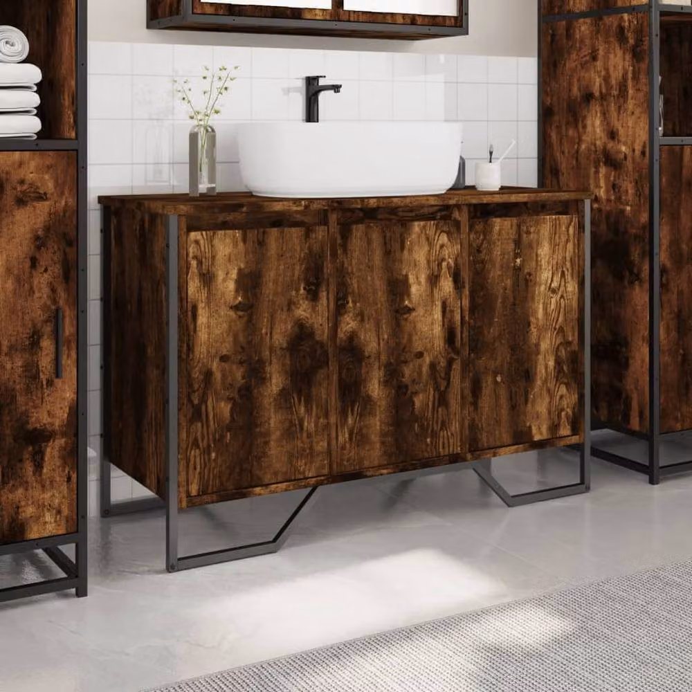 Berkfield Home Smoked Oak Wall Mounted Bathroom Sink Cabinet with Hinged Doors and Internal Shelves, W/D/H: 91 x 35 x 60 cm – 3