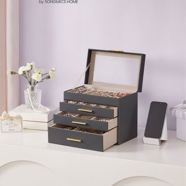 SONGMICS 4-Tier Jewellery Box Organiser with Glass Lid, Grey