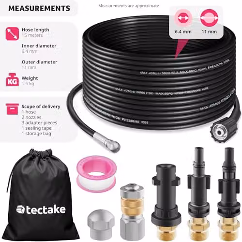 tectake Pipe Cleaning Hose Set with Stainless Steel Nozzles and Adapters, Black, 15m – 5