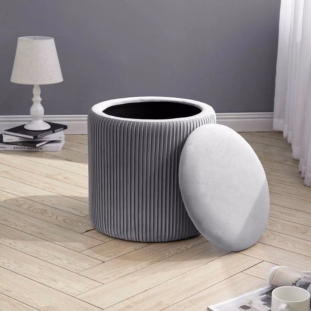 KORVIXA Grey Velvet Pleated Padded Ottoman Storage Stool with Wood Frame, Diameter: 100 cm – 4