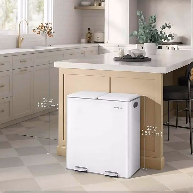 The Bazaarist Double Kitchen Recycling Pedal Bin, White, with Soft Close and Removable Inner Buckets, W/D/H: 64 x 40 x 90 cm