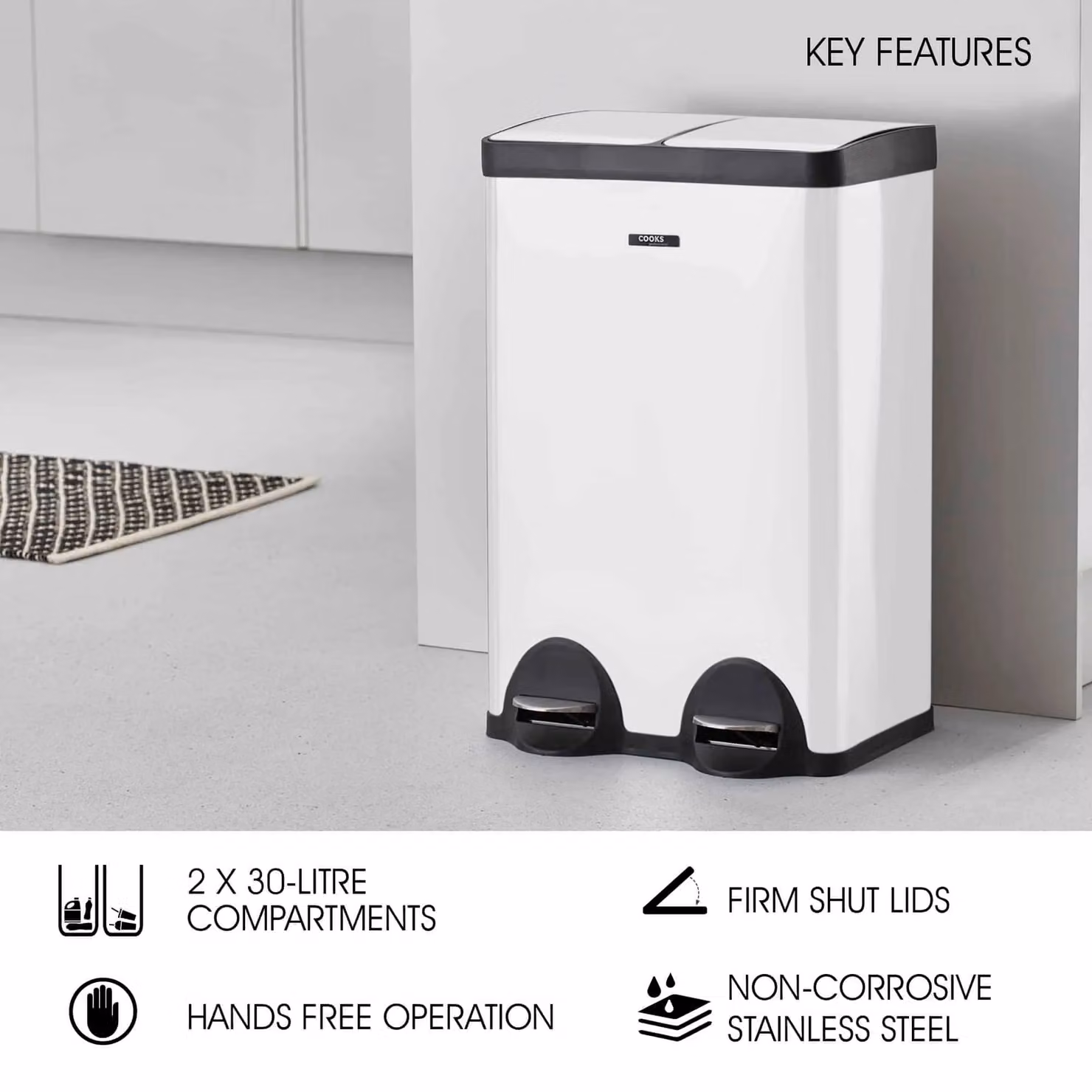 Cooks Professional Dual Pedal Bin 60L with 2 x Removable Compartments and Soft Close Lids, White – 2