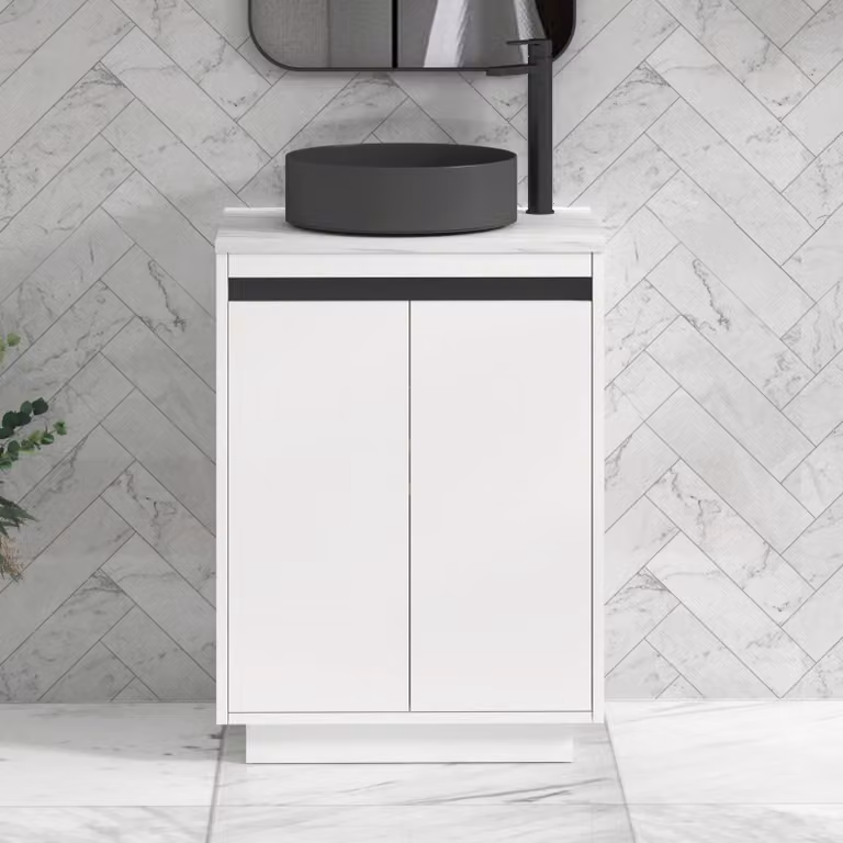 Royal Bathrooms Orion 800mm Matt White Floor Standing Countertop Vanity Unit with 2 Soft Close Doors, Art Round Basin and Black Accent Trim