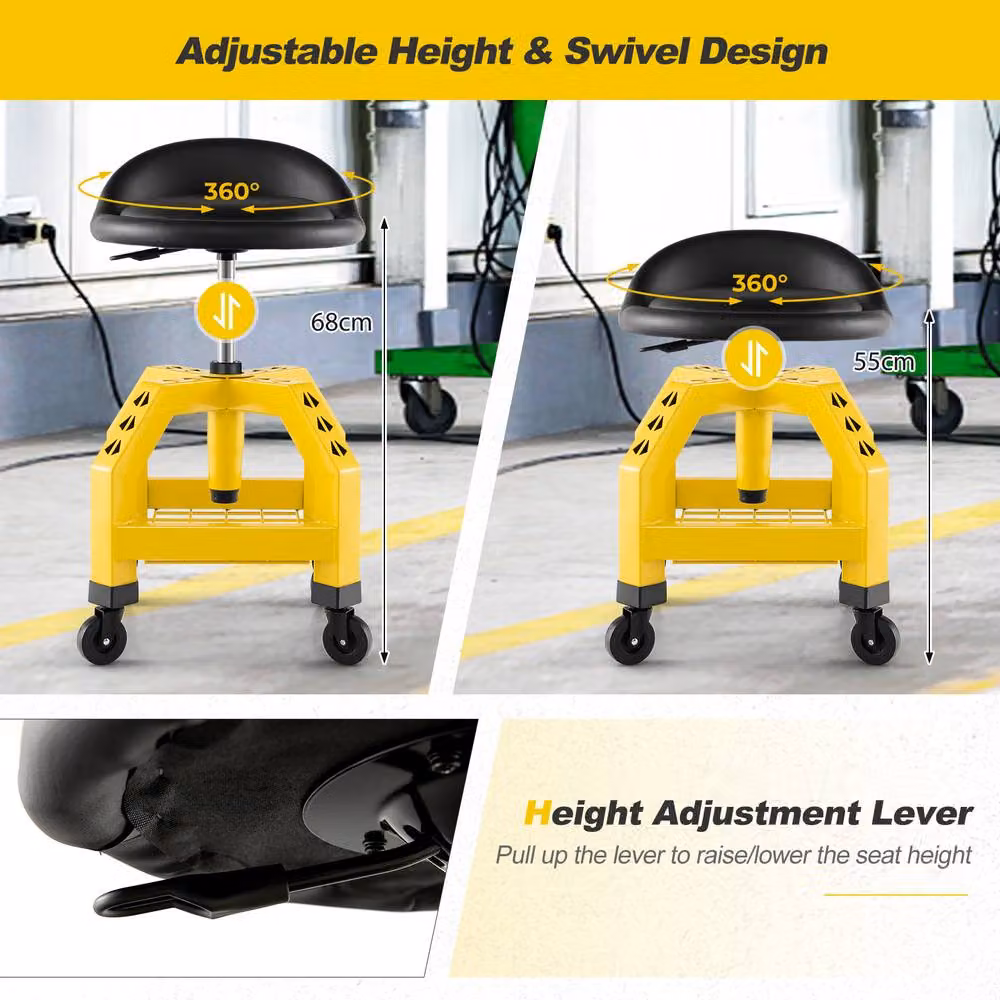 Costway Rolling Mechanic Stool Height Adjustable Workshop Creeper Seat, Yellow – 4