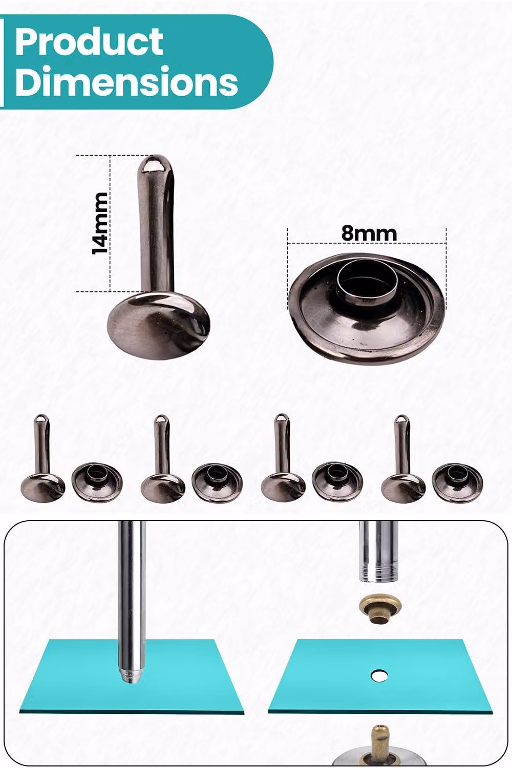 Neel Blue Extra Long Double Cap Studs, 50pcs Brass Tubular Rivets in Dark Grey, 8mm x 14mm – 2