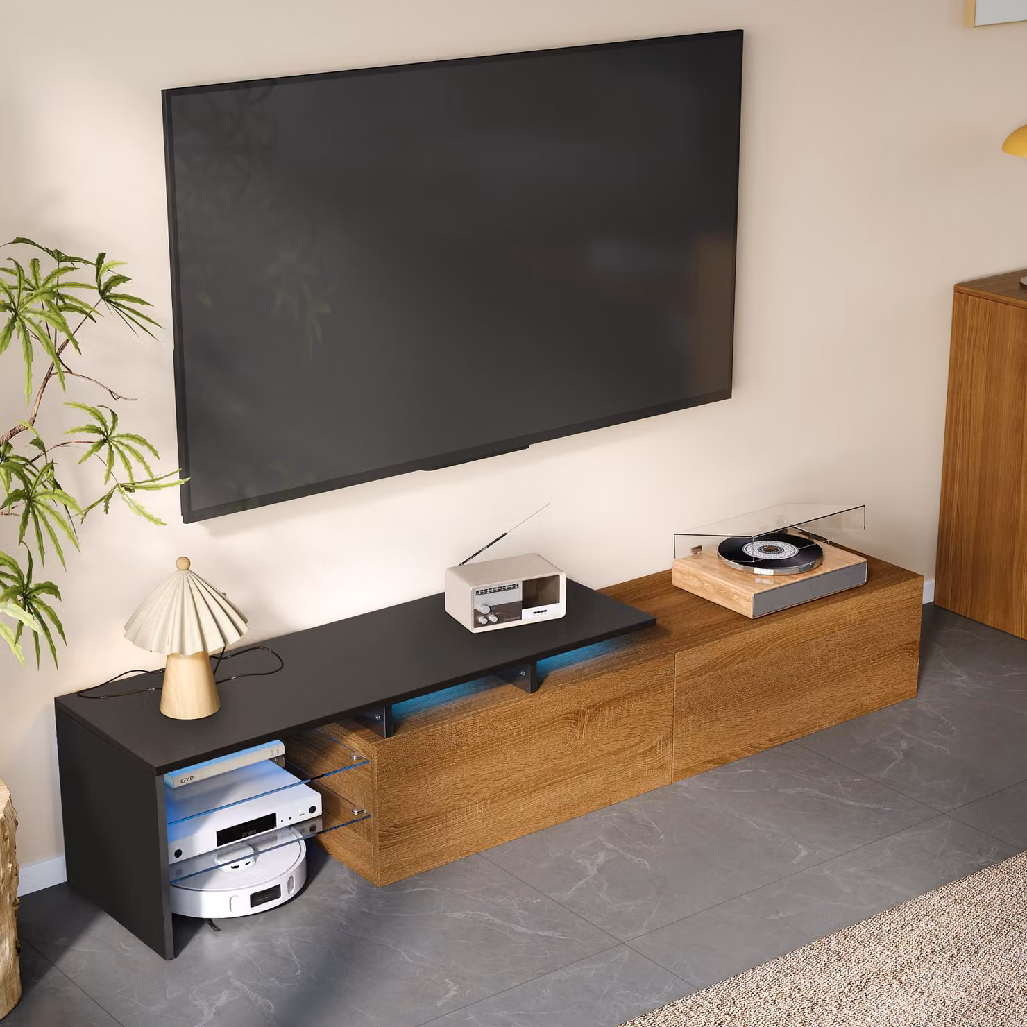 Aosom UK Modern TV Cabinet with Triple-Layer Glass Shelves and Smart Storage, Black and Natural Wood, W: 170 cm, D: 33 cm, H: 33.5 cm – 4