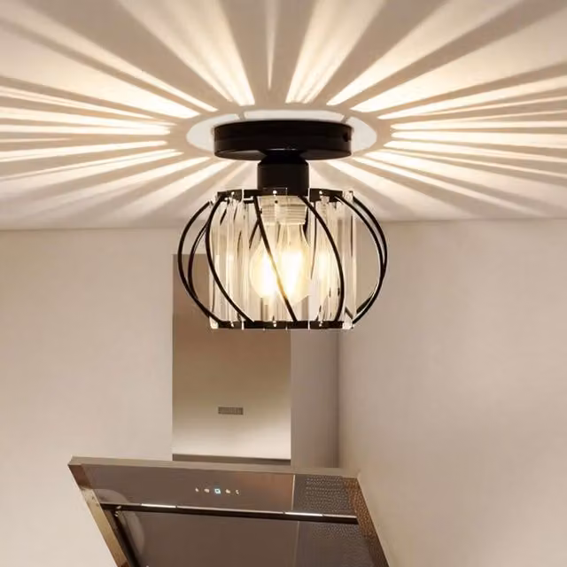 Emitto Modern Crystal Semi Flush Ceiling Chandelier in Black and Silver