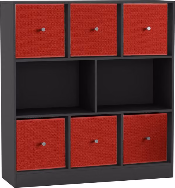 URBNLIVING 8 Cube Bookcase in Black with 6 Red Fabric Storage Drawer Inserts