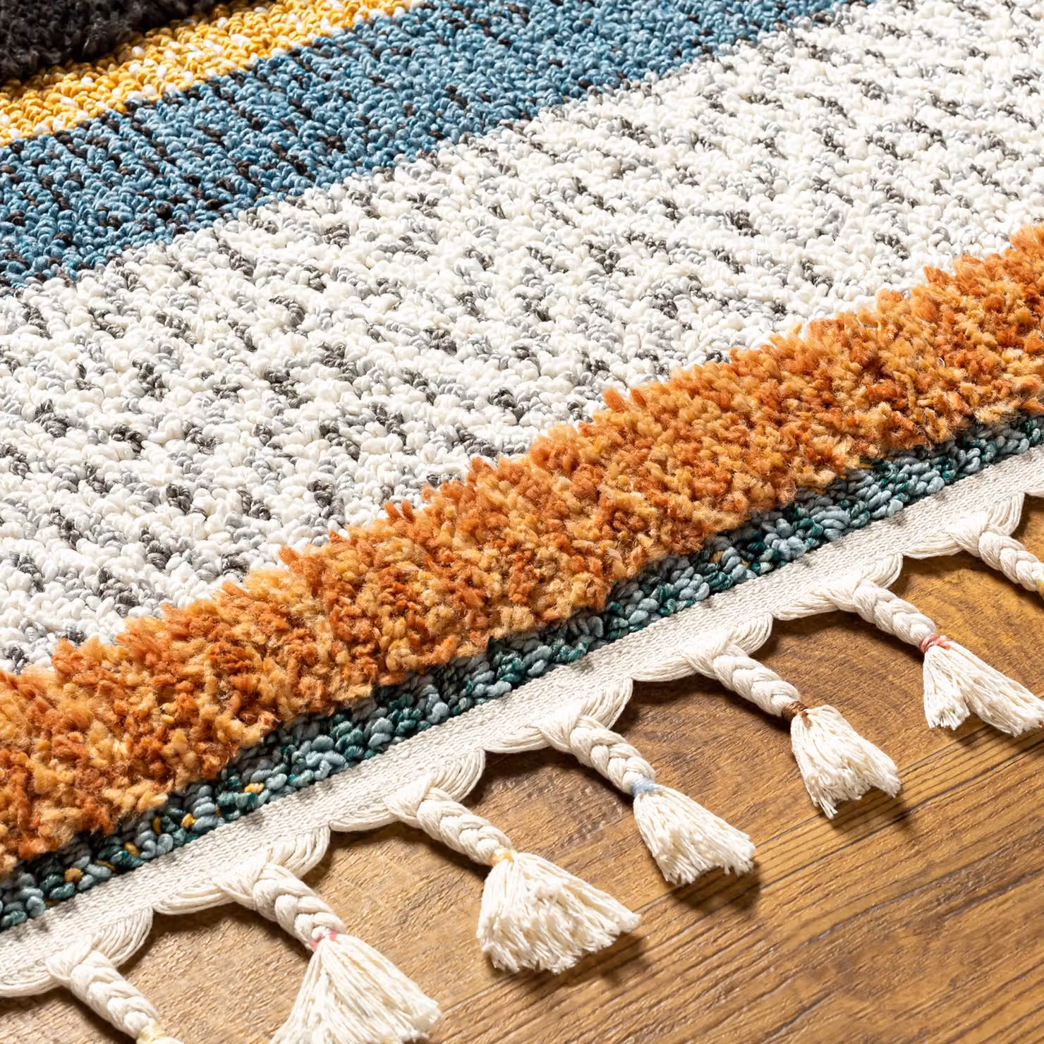 Livabliss Lofty-Shaggy Vintage Boho Plush Soft Pile Fringe Rug in Multicolour (White, Black, Yellow) W: 200 cm, D: 275 cm – 3
