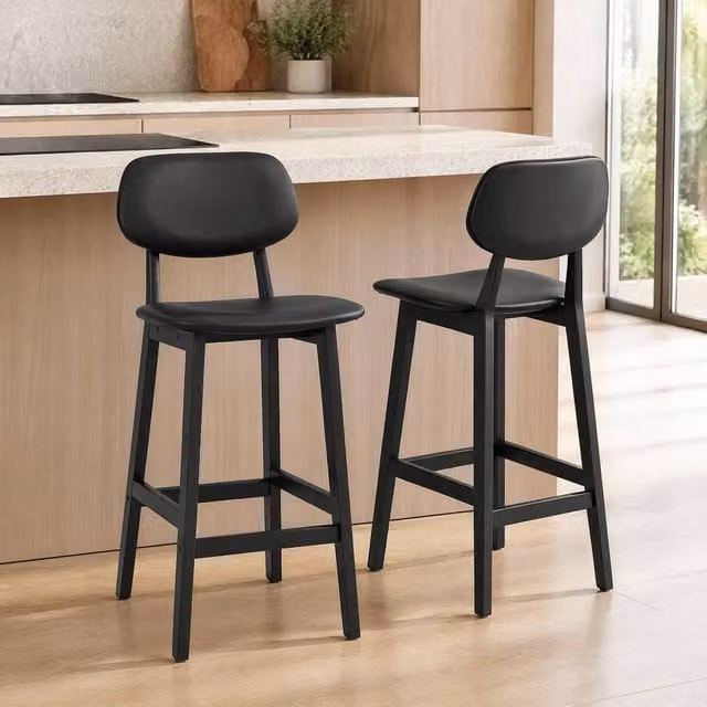 STILVORA Set of 2 Modern Black Synthetic Leather Bar Stools with Wooden Structure – 1