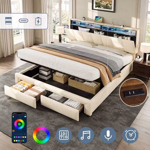 Matteo King Bed Frame with Hydraulic Storage, LED Under-Bed Lighting and USB Charging Ports in Beige Upholstered Linen, W/D/H: 180 x 200 cm
