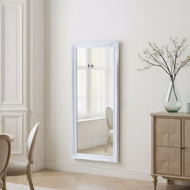 Yearn French Style Carved Full Length Wall Mirror in White, H 166 cm x W 75 cm