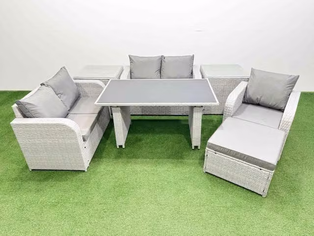 Fimous 6 Seater Outdoor Furniture Set in Light Grey with Love Sofa, Big Stool and 2 Side Tables