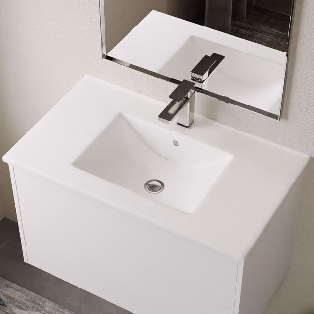 Banyetti Lira Rectangular Ceramic Countertop Basin Sink in Gloss White, W: 80.5 cm, D: 46.5 cm, H: 16.5 cm