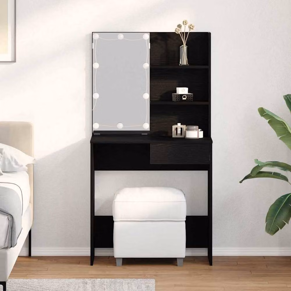 Berkfield Home LED Dressing Table in Black Oak, W: 74.5 cm, D: 40 cm, H: 141 cm – 2