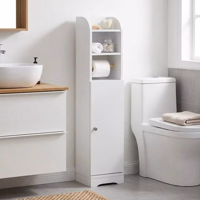 STILVORA Slim Freestanding White Bathroom Cabinet with Internal Shelves and Hinged Doors