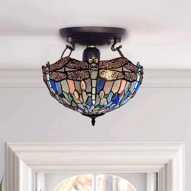 NESTLUNE Tiffany Style Dragonfly Ceiling Lamp in Blue and Multicolour Glass and Metal – 1