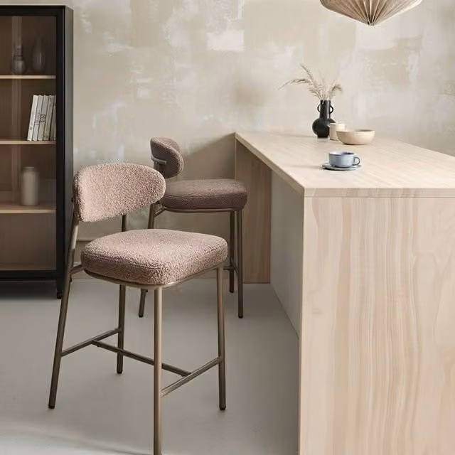 Wyld and Coco Set of 2 Beige Boucle Armless Bar Chairs with Retro Metal Legs – 1