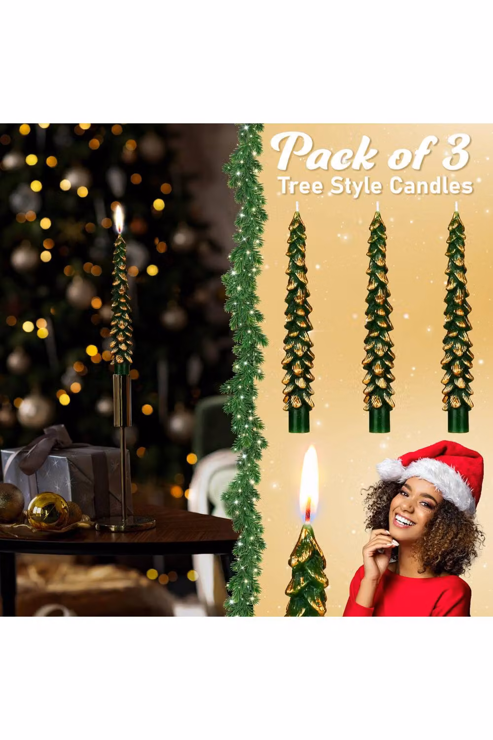 Deco Express Christmas Tree Dinner Candle Set in Green and Gold – 11