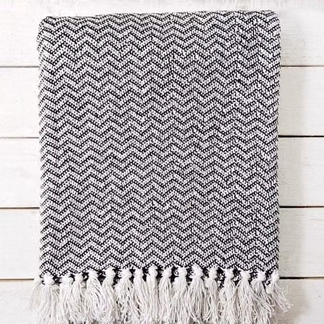 Absolutely Natural Lifestyle Black and White Chevron Woven Cotton Handloom Throw Blanket with Fringes
