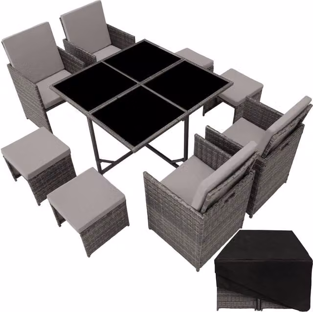 tectake Bilbao Garden Table and Chairs Set in Grey Rattan with Glass Top