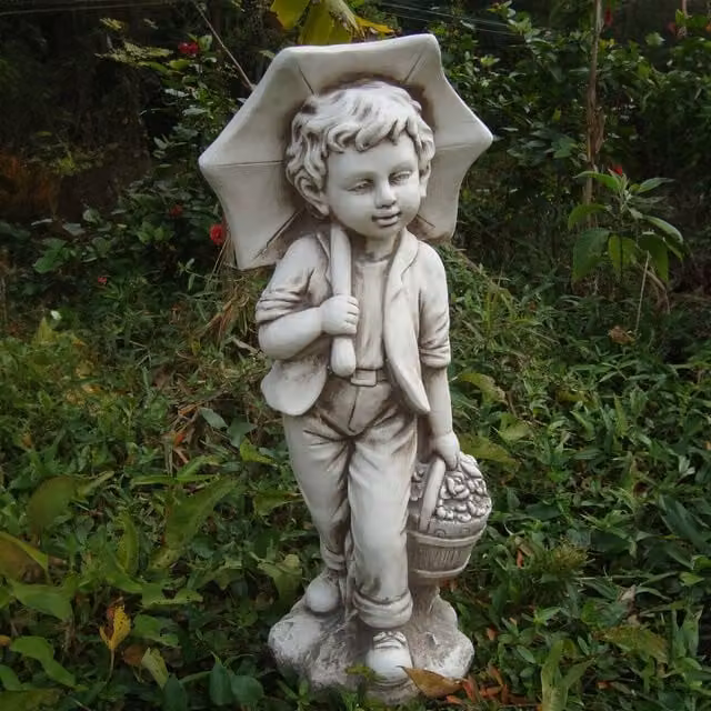 Ornate Collection Umbrella Figurine Statue in Light Grey Boy Design