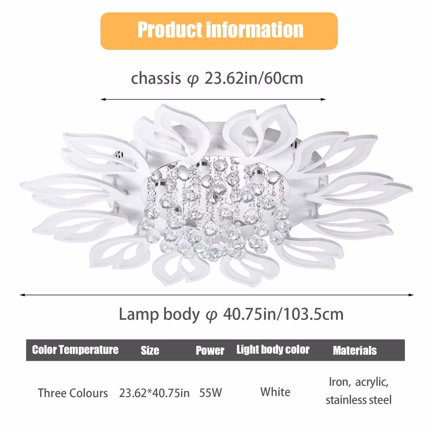 Garwarm Modern Dimmable LED Ceiling Light with Remote Control, 55W, White Crystal – 2