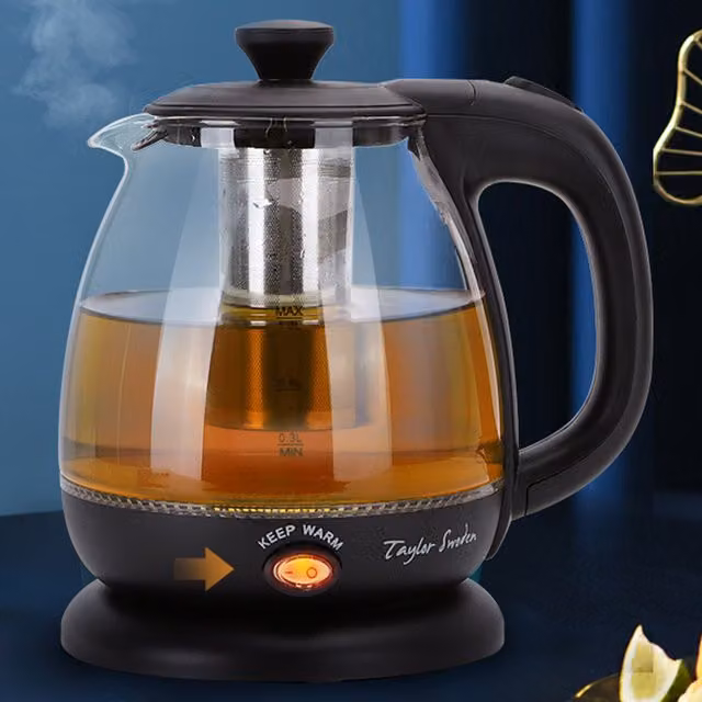Taylor Swoden Black Glass and Stainless Steel Electric Tea Kettle with Sieve and Keep Warm Function