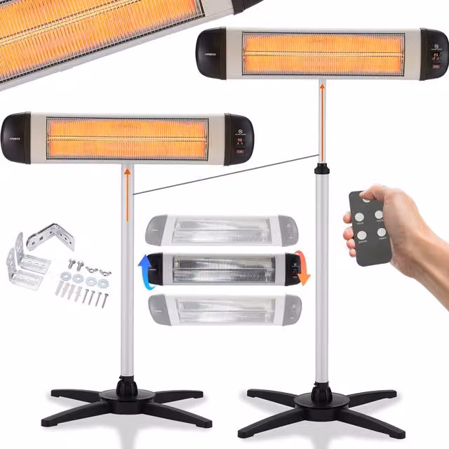 AREBOS Infrared Heater with Remote Control and Cross Stand, Silver