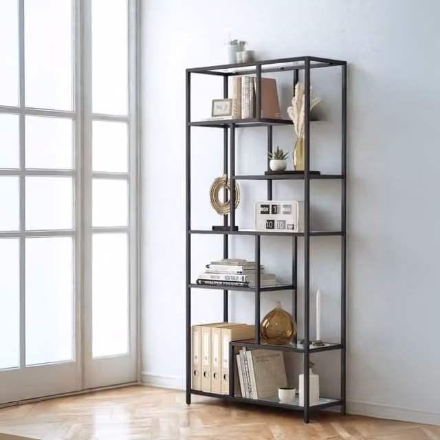 Pirlo Plush 6 Tier Tempered Glass and Metal Shelving Unit in Black, W/D/H: 30 x 30 x 180 cm – 1