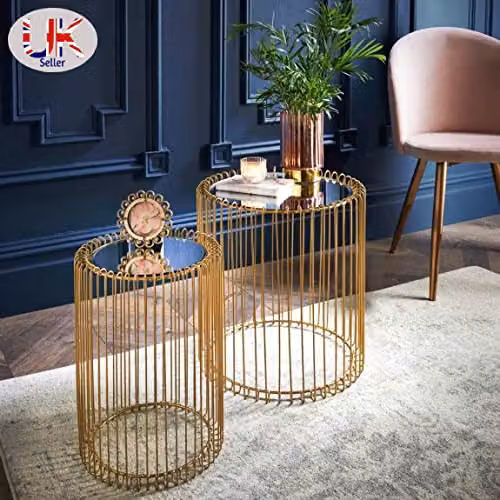 Spot on dealz® Set of 2 Round Nesting Tables with Gold Wire Cage Base and Glass Tops – 3