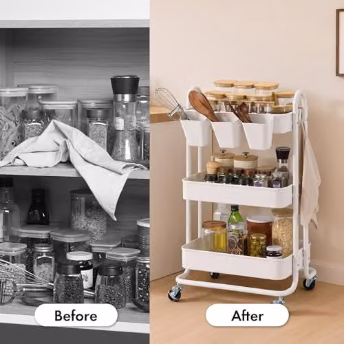 VonHaus 3 Tier White Storage Trolley with Bamboo Wood and Metal Construction, W/D/H: 79.5 x 36.0 x 46.0 cm – 3