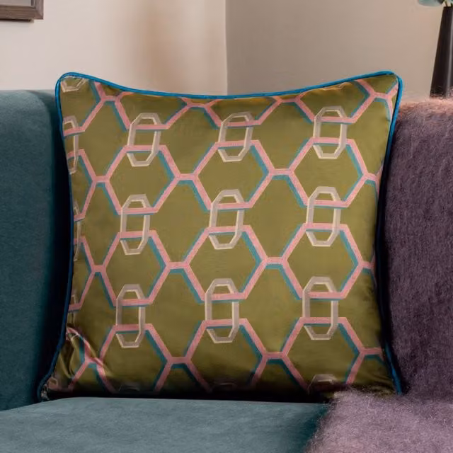 Paoletti Carnaby Chain Graphic Geometric Satin Square Cushion in Green, W/D/H: 45 x 45 x 45 cm – 1