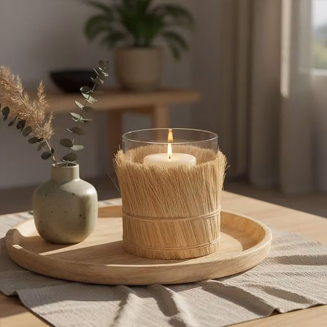 Orsina Modern Round Glass and Rattan Taper Candle Holder in Beige, Brown and Transparent – 2
