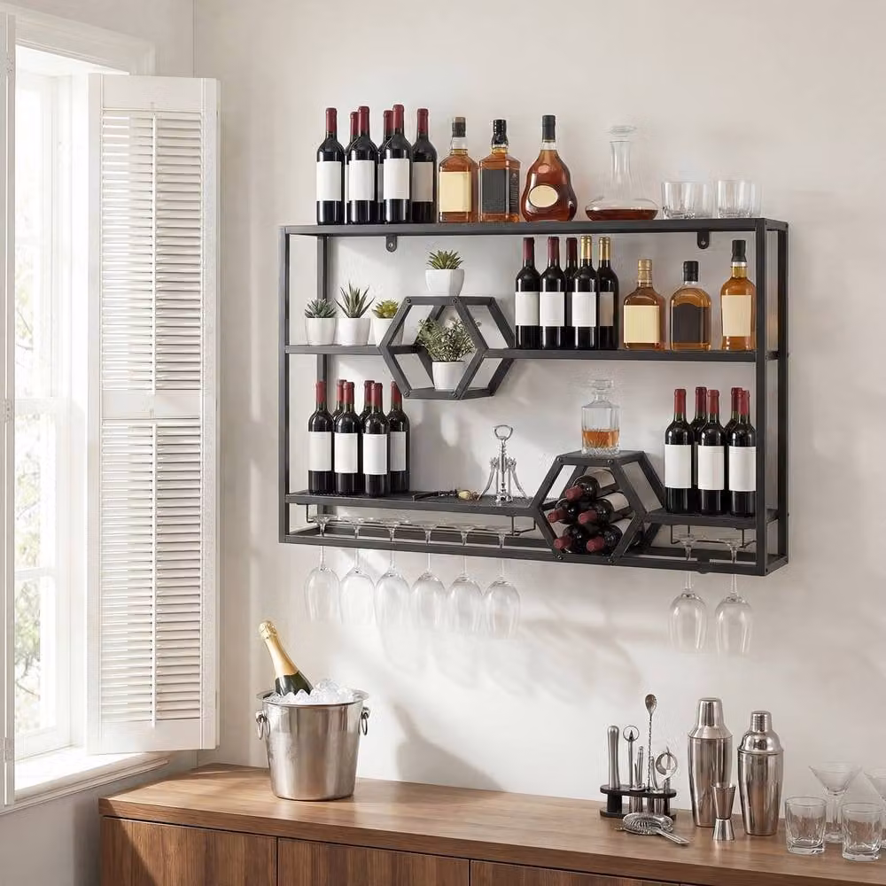 Costway 3 Tier Metal Wall Mounted Wine Rack with Glass Holder in Matt Black – 3