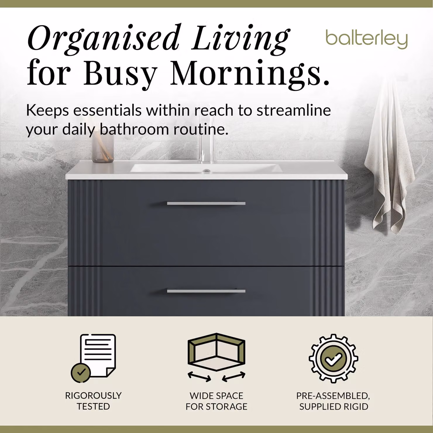 Balterley Wall Hung 2 Drawer Vanity Unit with Minimalist Vitreous China Basin, Dark Grey, Width: 80 cm – 2
