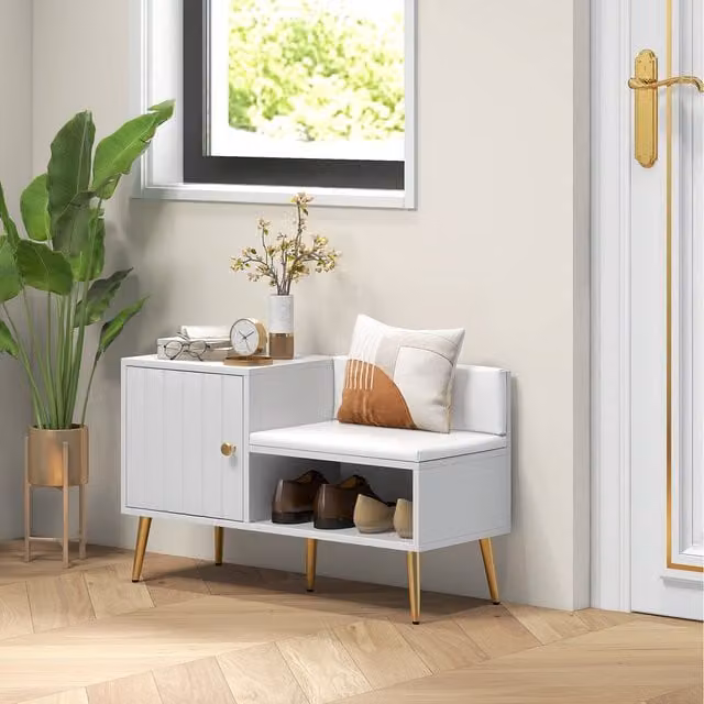 HOMCOM Modern White Shoe Bench with Storage and Seating Cushion