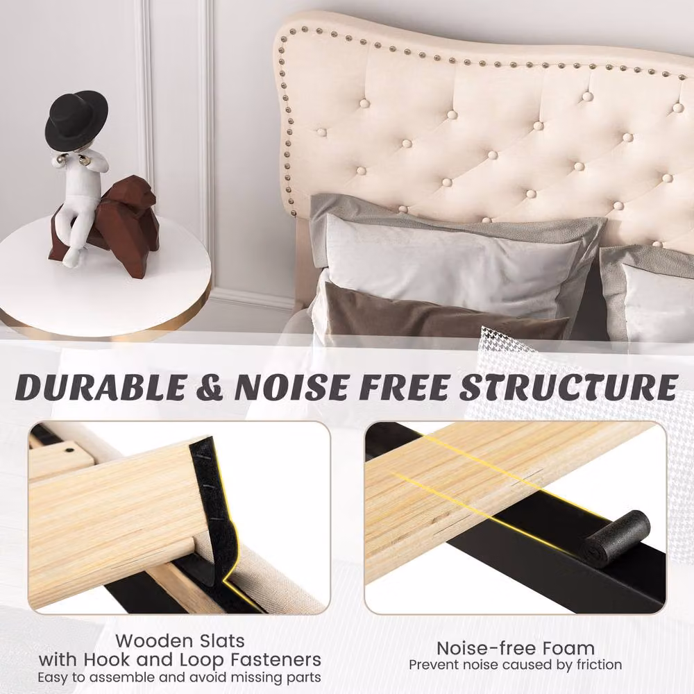 Gymax King Size Upholstered Slats Platform Bed Frame with Button Tufted Headboard in Beige, W/D/H: 180 x 200 cm – 4